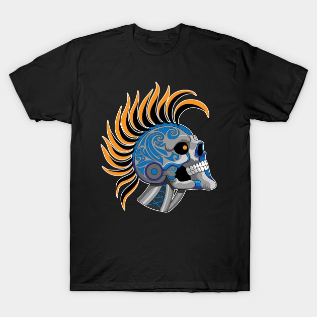 Tattooed Robot Skull with Orange Mohawk T-Shirt by Designs by Darrin